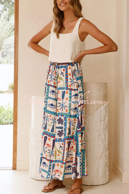 Unique Print Lapel Short Sleeve Loose Shirt and Elastic Waist Pocket Wide Leg Pants Set