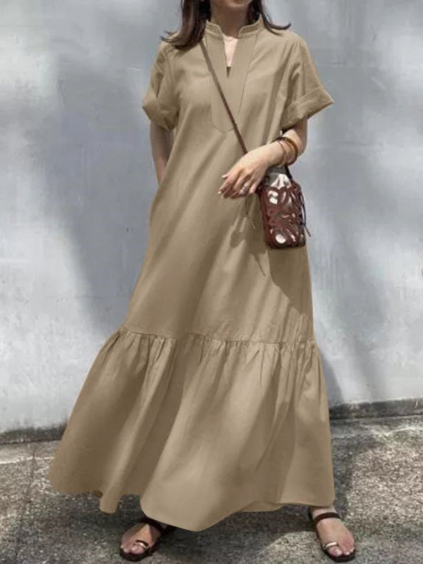 A-line Loose Color Split-joint V-neck Maxi Dresses