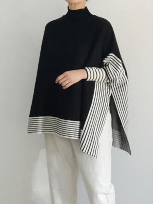 Design Loose High Neck Split-side Striped Batwing Sleeve Sweater Qx010
