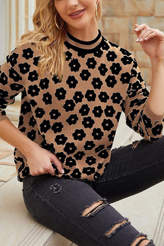 Mock Neck Print Knitted Sweater Color Block Light Weight Sweater