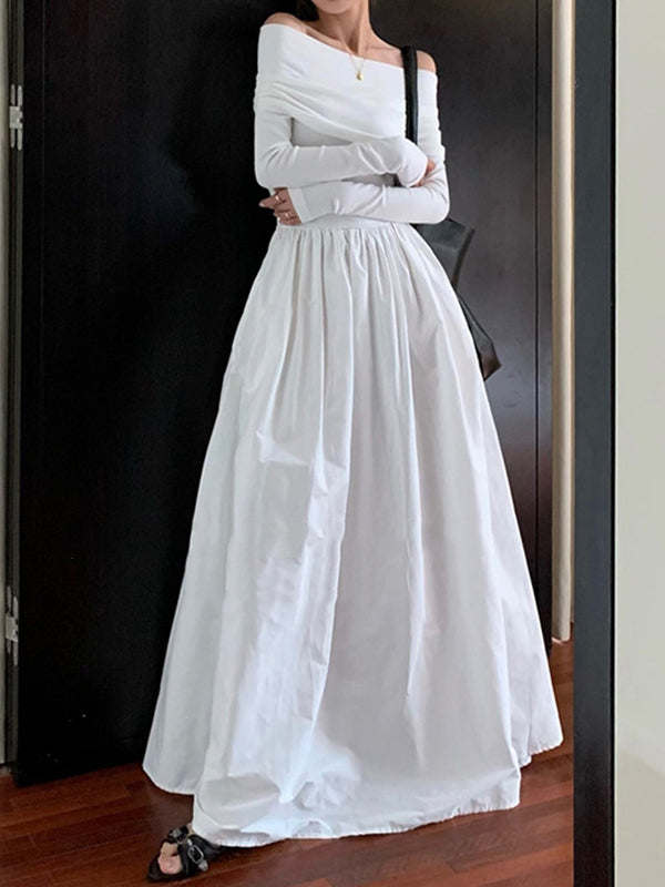 Long Sleeves Pleated Color Split-joint Off-the-shoulder Maxi Dresses