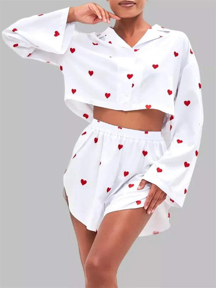 Loose 2 Piece-set Shorts Outfits ’s Patchwork V-neck Cropped Pullover and High Waist Shorts Female Sets