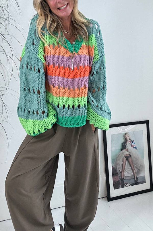 This Season Knit Multi-color Hollow V-neck Balloon Sleeve Loose Sweater
