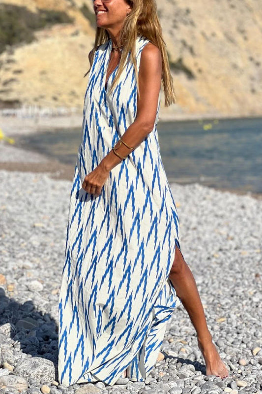 Blue Printed Sleeveless Long Dress