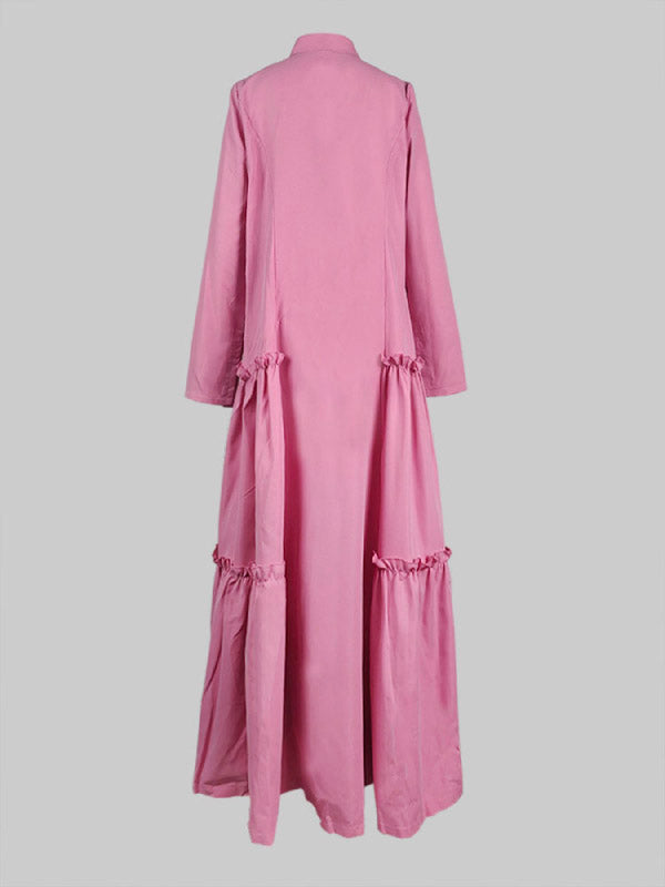 A-line Long Sleeves Buttoned Layered Pleated Pockets Ruffled Color Split-joint Stand Collar Maxi Dresses