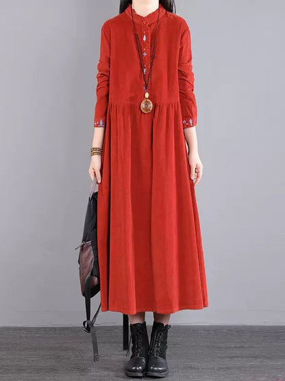 Corduroy Long Sleeves A-line Embroidered Round-neck Midi Dresses