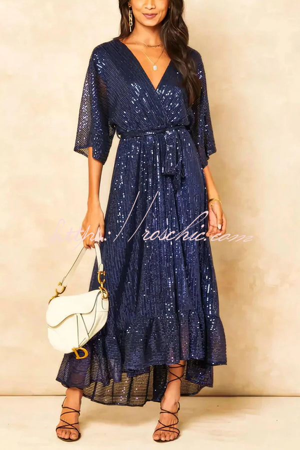 Color Sequined V-neck Waist Tie Loose Maxi Dress