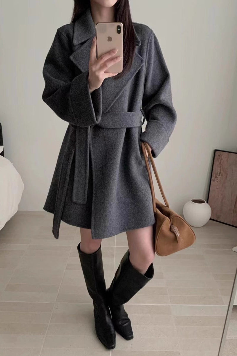 Robe-style Double-face Wool Long Hepburn Coat