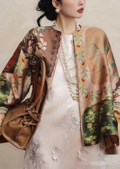 Chinese Style Yellow O-neck Print Silk Coats Spring Tw026