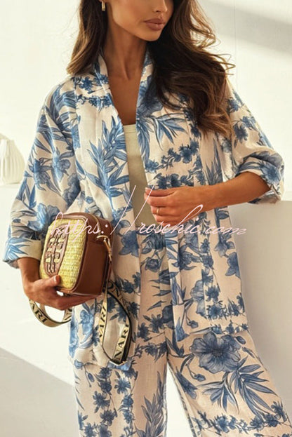 Linen Blend Botanical Print Loose-fitting Top and Elastic Waist Wide-leg Pants Set