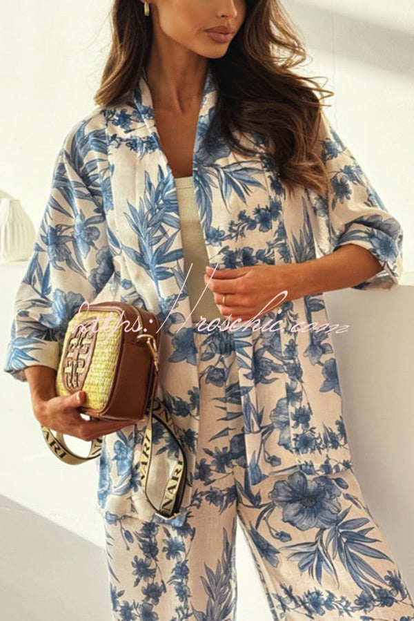 Linen Blend Botanical Print Loose-fitting Top and Elastic Waist Wide-leg Pants Set