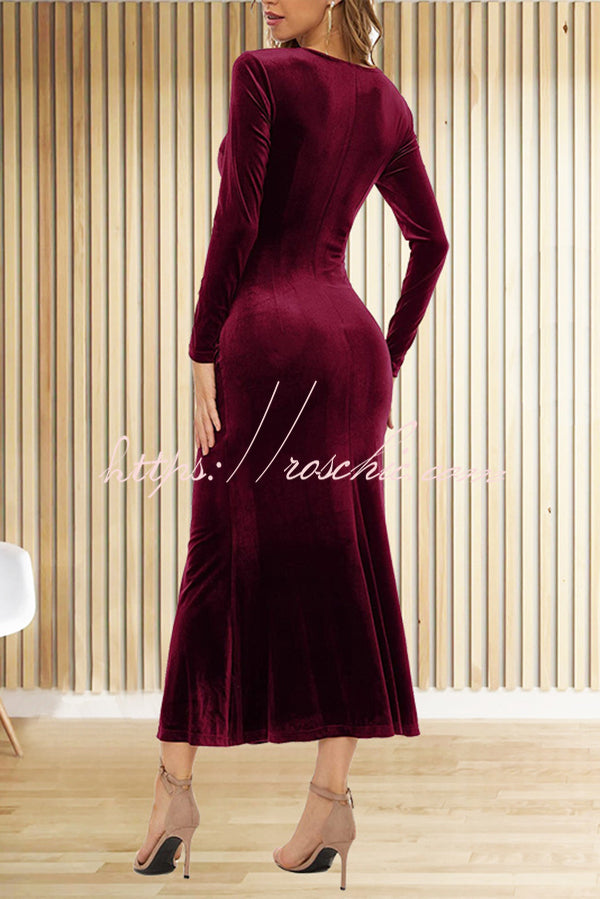 Color Velvet Long Sleeve V-neck Slim Fit Fishtail Maxi Dress