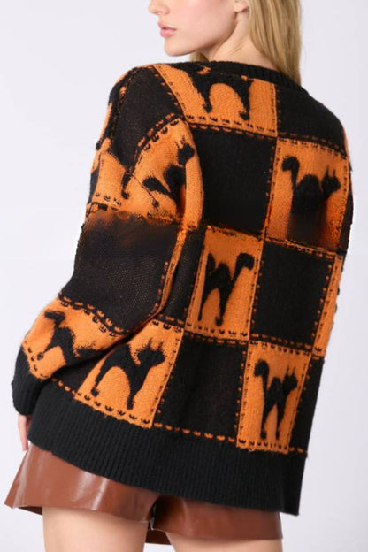 Halloween Ghost Plaid Crew Neck Sweater