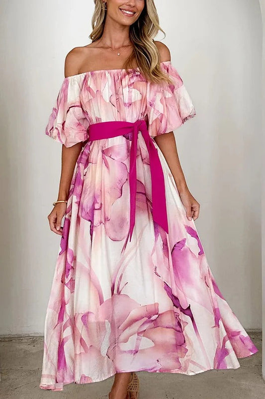 Print Puff Sleeve Tie-waist Midi Dress