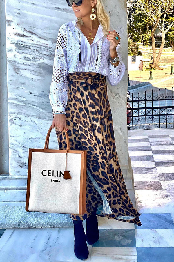 Today��s Journey Satin Leopard Tie Front Elastic Waist Midi Skirt