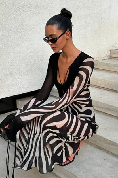 Chiffon V-neck Slim Fit Long Sleeve Maxi Dress