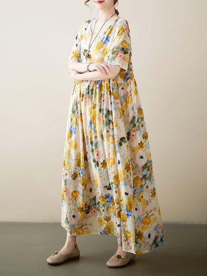 A-line Loose Printed Round-neck Midi Dresses