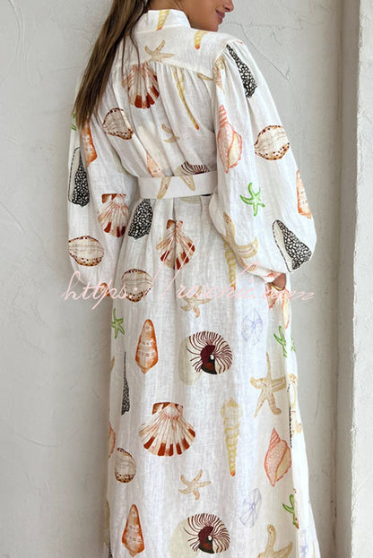 Swinton Marine Element Print Pocket Balloon Sleeve Belted Maxi Dress