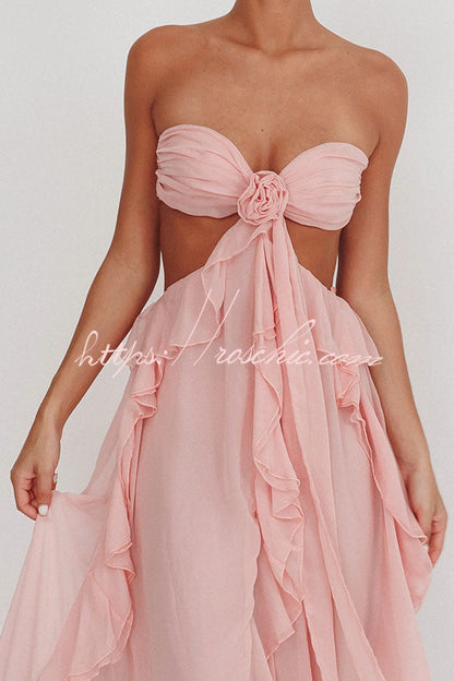 Vacation Halter Rose Detail Cut Out Ruffles Backless Maxi Dress