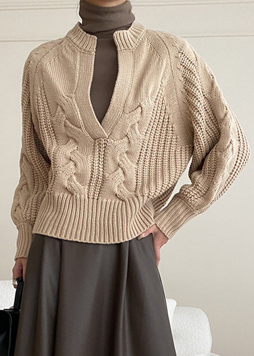Khaki Cozy Knit Sweaters V Neck Fall Af1047