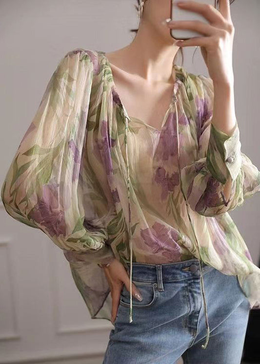 French Green Print Lace Up Chiffon Blouse Long Sleeve Ee009