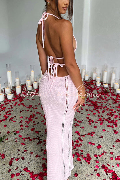 Effortlessly Cool and Knit Crochet Cutout Halter Tie-up Stretch Maxi Dress