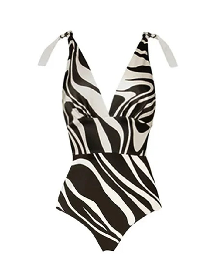 V Neck Line Printed One Piece Swimsuit and Skirt