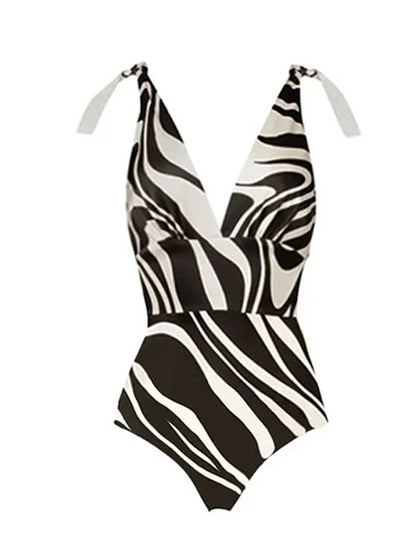 V Neck Line Printed One Piece Swimsuit and Skirt