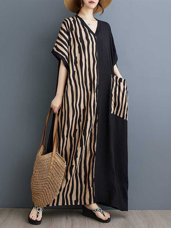 A-line Batwing Sleeves Contrast Color Pockets Split-joint Striped V-neck Maxi Dresses