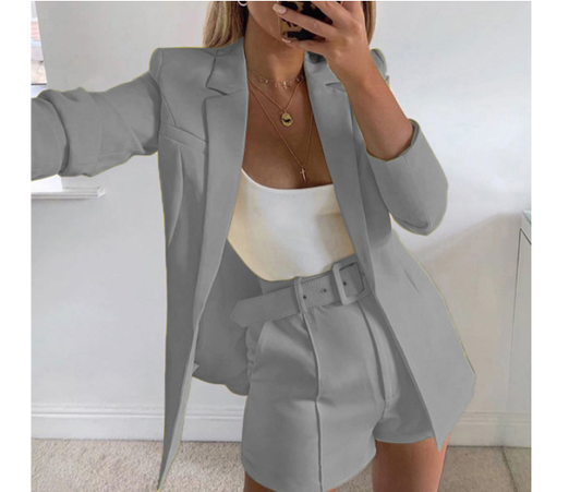 Top Shorts Suit With Belt Polo Collar Cardigan