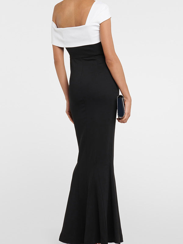 Short Sleeves Skinny Contrast Color Split-joint One-shoulder Evening Dresses Maxi Dresses