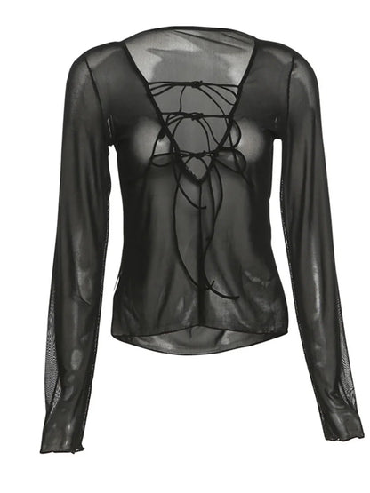 Lace Up V Neck Long Sleeve Black T Shirts for Female Club Wear Mesh Blouses See Through Crop Tops
