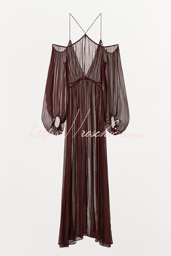 Marsie Semi-sheer Fabric Cutout Off Sholder Elastic Waist Slit Maxi Dress