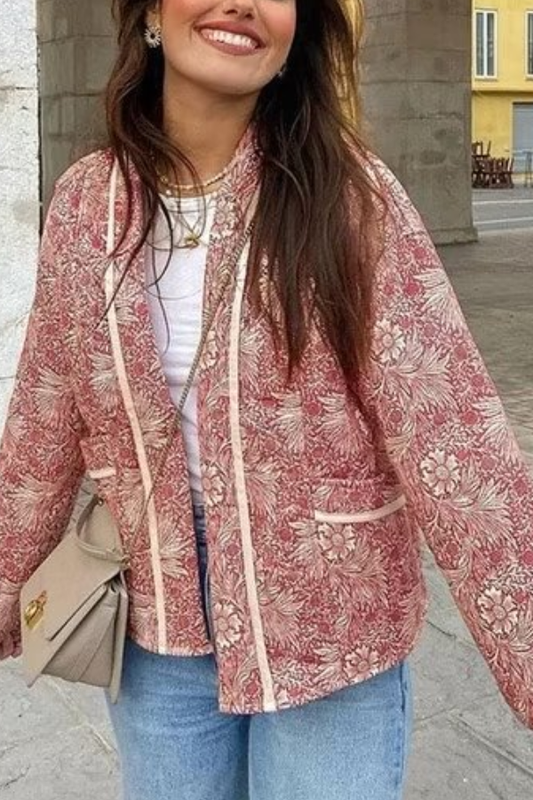 Retro Print Loose V-neck Cardigan Cotton Jacket