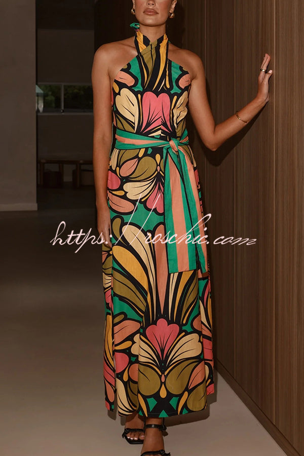 Unique Print Halter Neck Tie Backless Holiday Maxi Dress