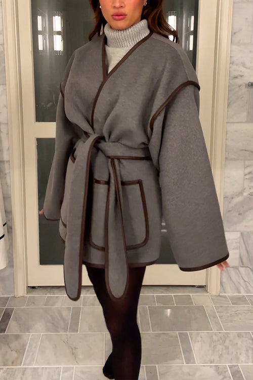 Open Front Pocketed Splice Coat With Belt