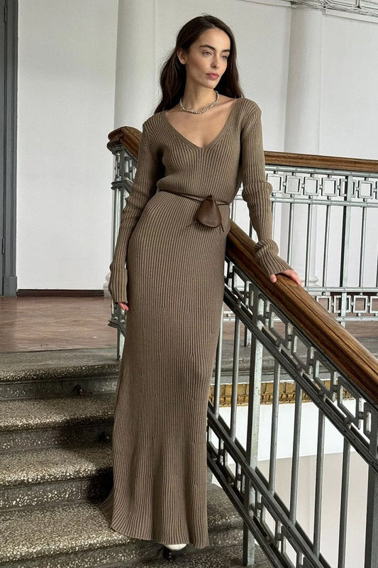 V-neck Long Sleeve Knit Sweater Dress