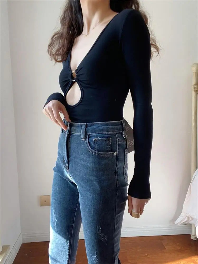 ��s Long-sleeved Bodysuit Color Hollow Low-cut V-neck Jumpsuit Spicy Girl Top Club Y2k Clothing