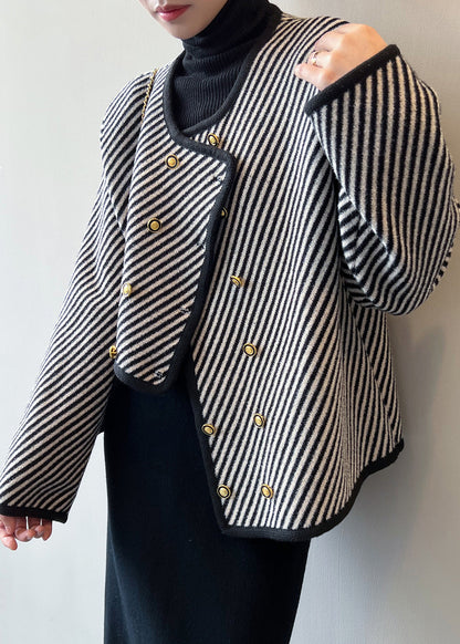 Italian Asymmetrical Striped Double Breast Cotton Coats Fall Af1054