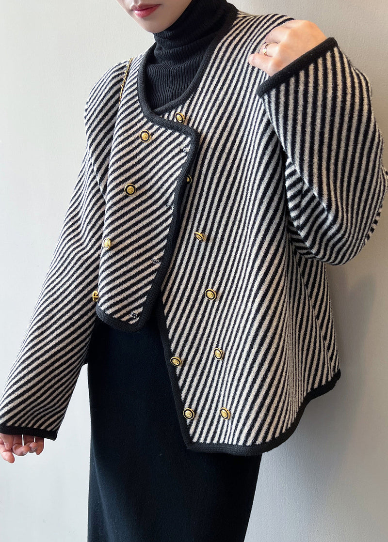 Italian Asymmetrical Striped Double Breast Cotton Coats Fall Af1054