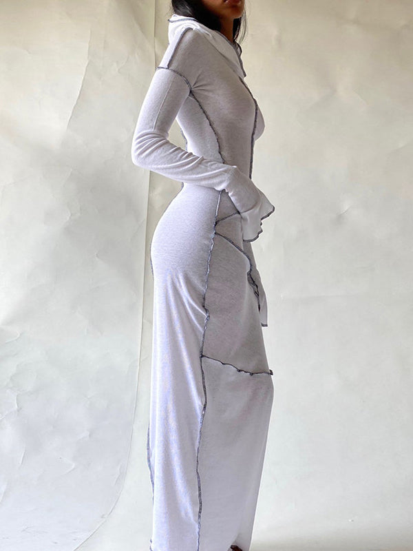 Long Sleeves Color Split-joint Hooded Maxi Dresses