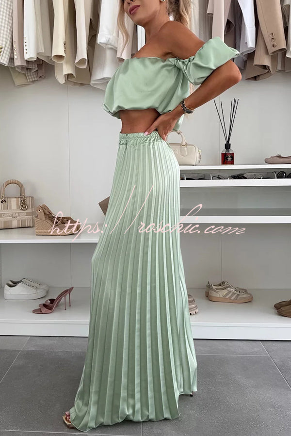 Jorie Satin Off Shoulder Puff Sleeve Crop Top and Elastic Waist Pleated Wide Leg Pants Set