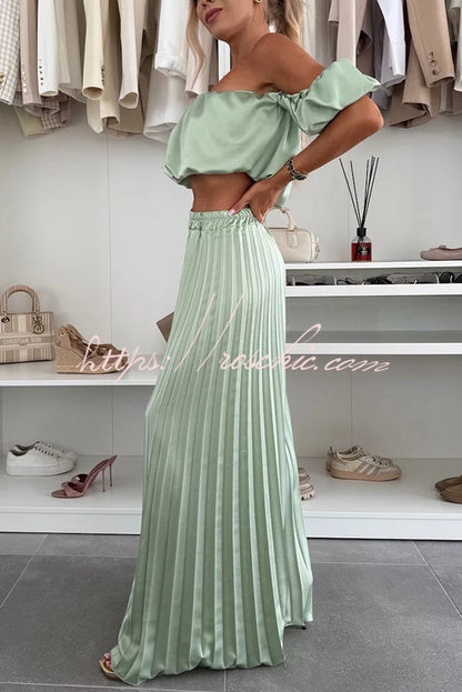Jorie Satin Off Shoulder Puff Sleeve Crop Top and Elastic Waist Pleated Wide Leg Pants Set