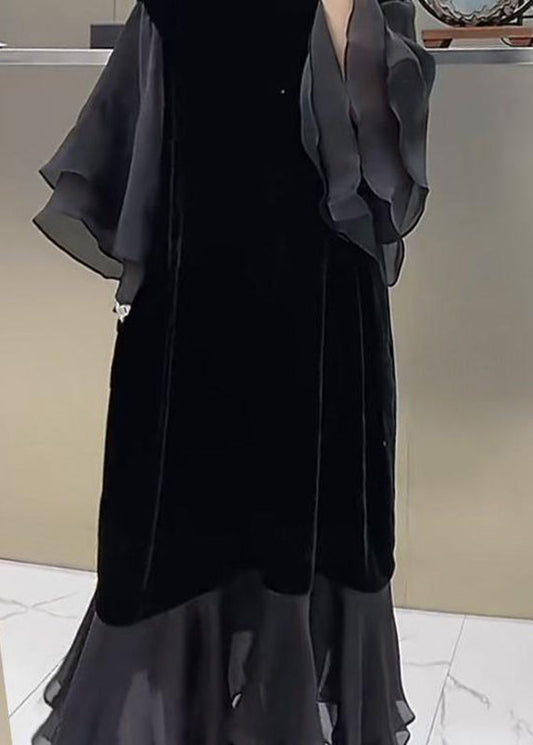 Black O-neck Patchwork Silk Velvet Maxi Dress Butterfly Sleeve Wd032