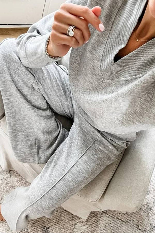 Weather Gets Cold Color V-neck Top and Elastic Waist Pocketed Lounge Pants Set