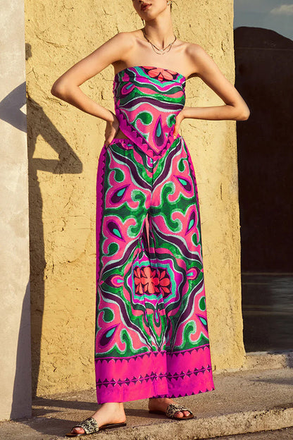 Style Unique Print Tube Top and Elastic Waist Pocket Wide Leg Pants Set