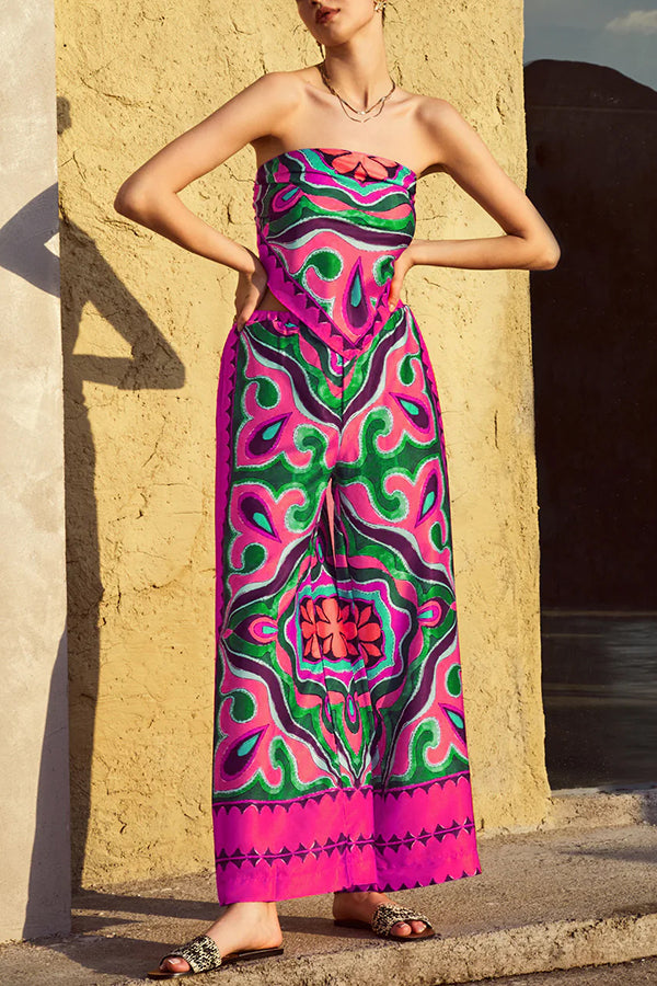 Style Unique Print Tube Top and Elastic Waist Pocket Wide Leg Pants Set