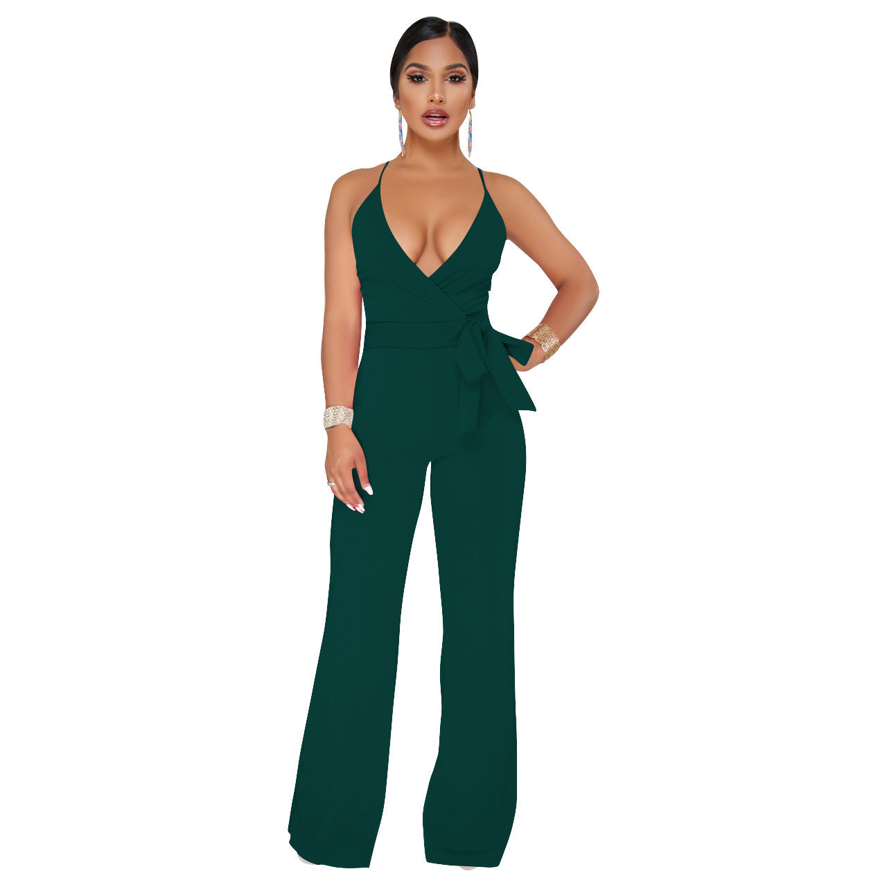 Summer Popular Classic Color V Neck Brace Jumpsuit