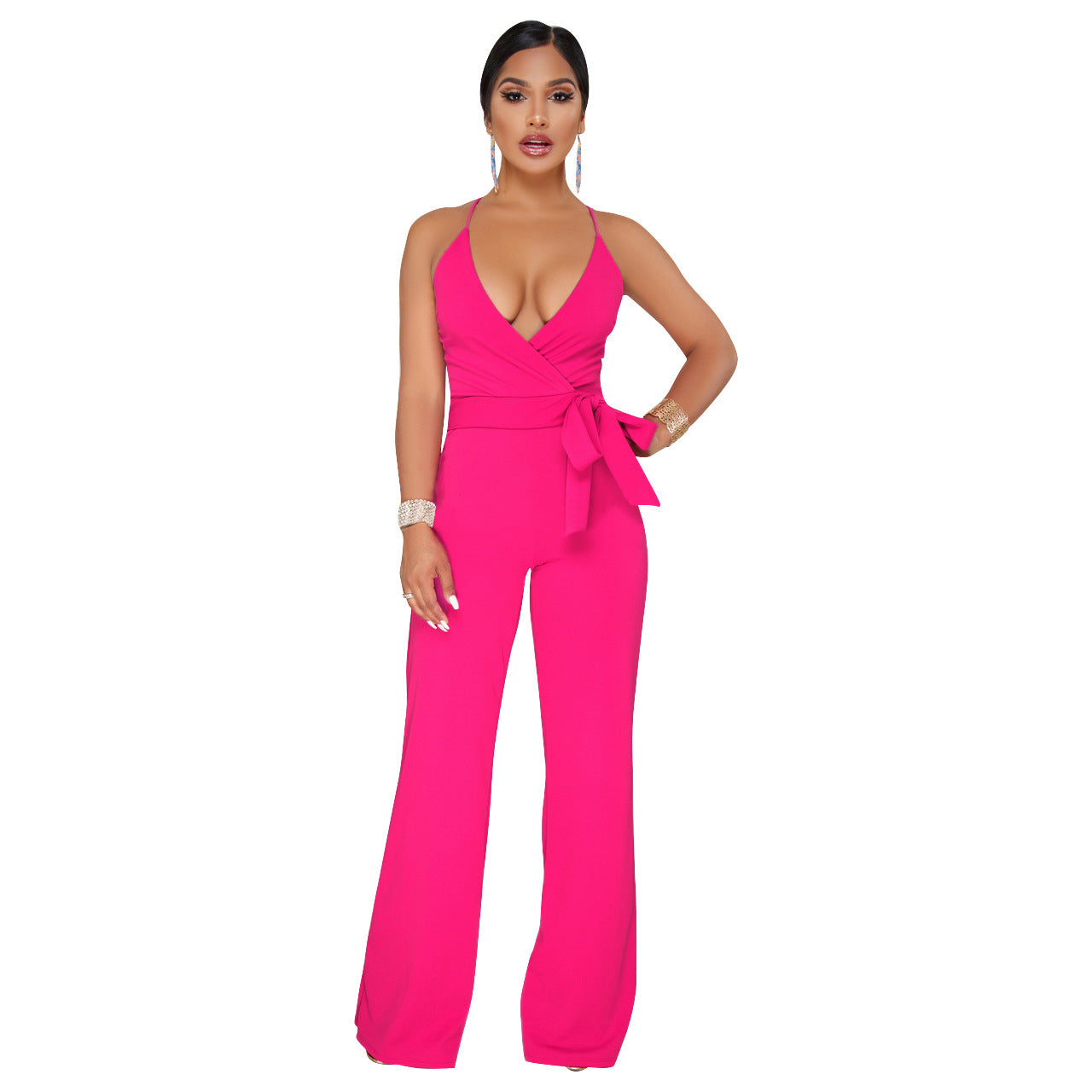 Summer Popular Classic Color V Neck Brace Jumpsuit