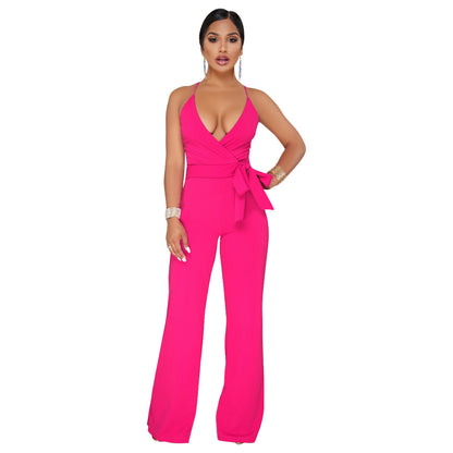 Summer Popular Classic Color V Neck Brace Jumpsuit